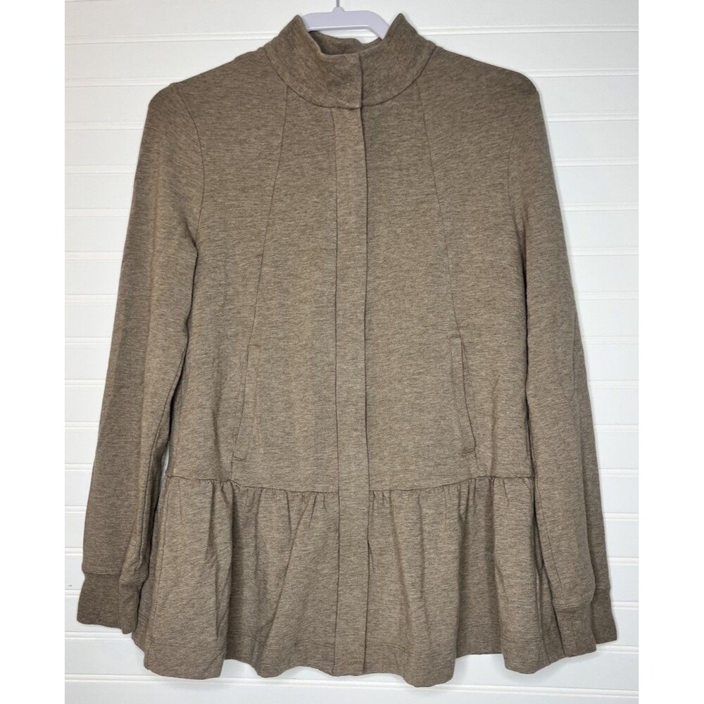 Cabi #3543 Weekend Topper Jacket Tan French Terry Peplum Zip Up Women's Small
